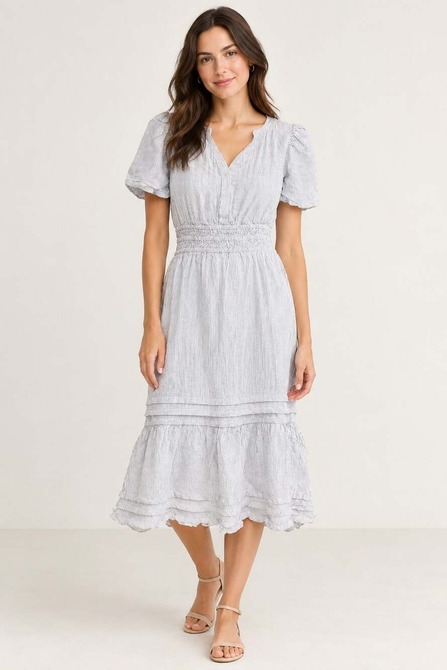 Quince XS Blue White Pinstripe Puff Sleeve Tiered Ruffle Dress Cottage Coastal